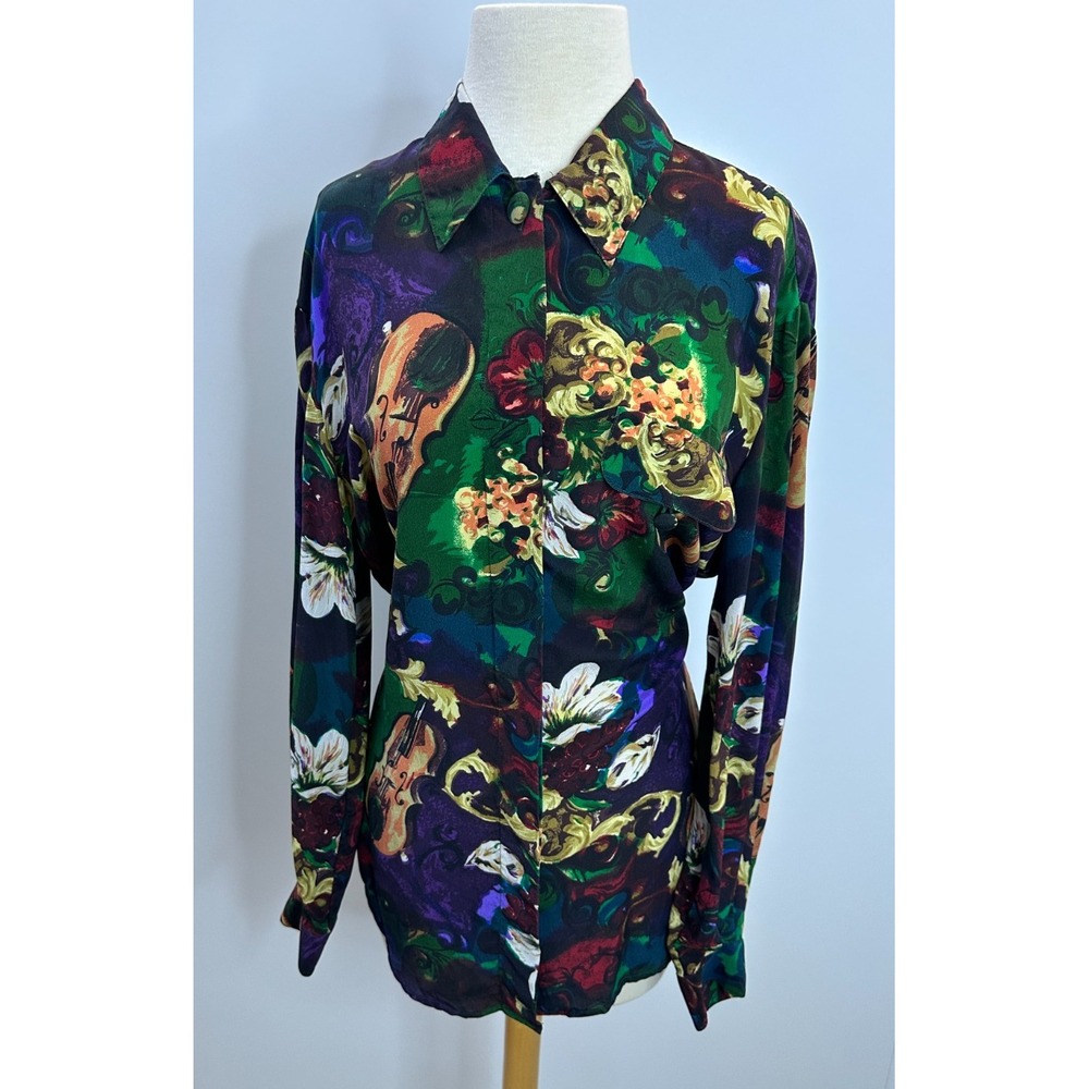 Dahan Vintage 100% Silk Violin Floral Baroque Button Up Shirt Medium Luxury Top - Picture 11 of 13